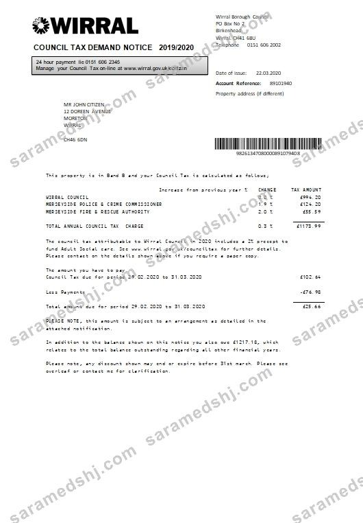 United Kingdom Wirral council tax bill template in Word and PDF format